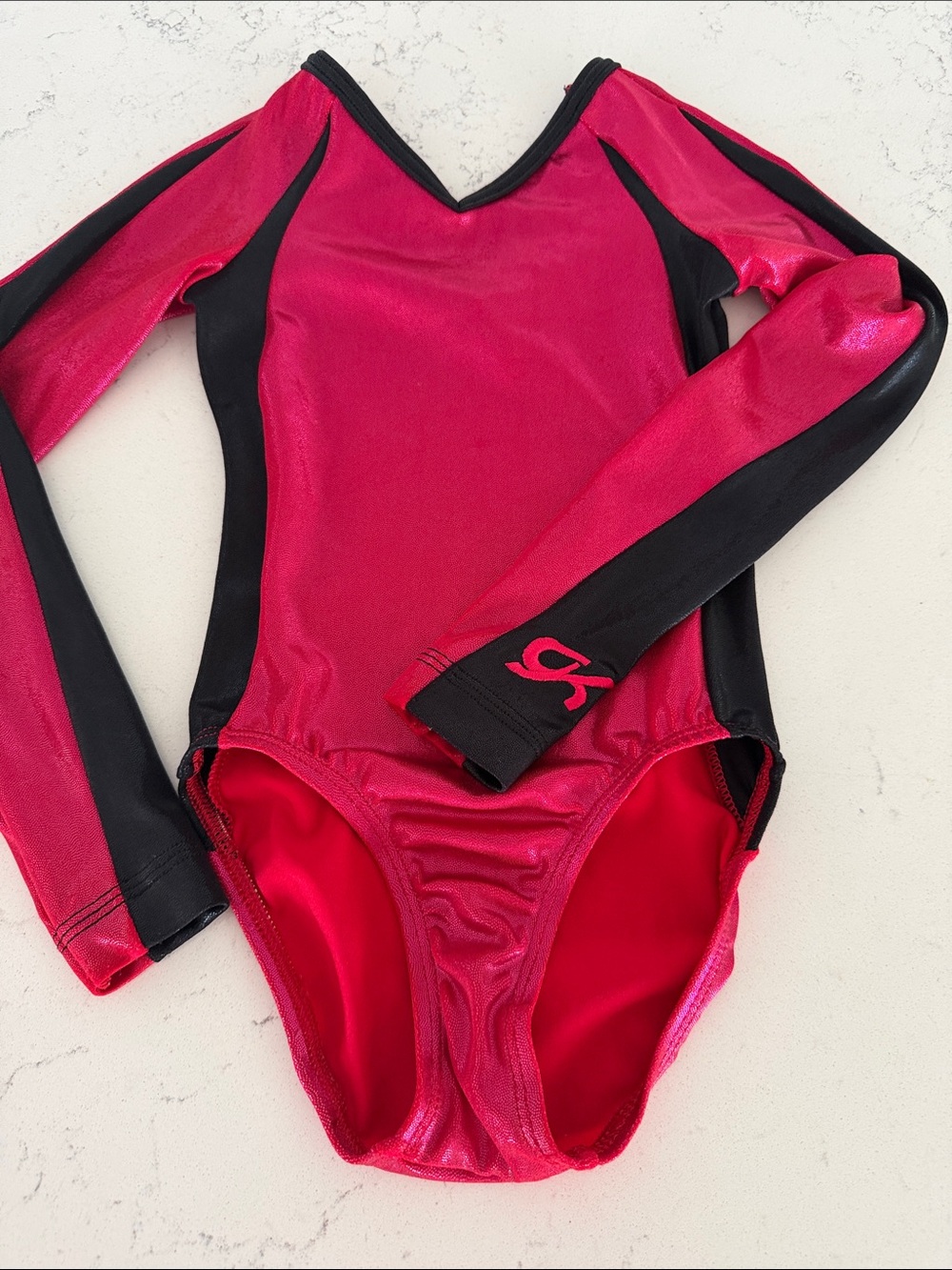 GK Elite Metallic Hot Pink and Black Long Sleeve Gymnastics Leotard